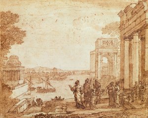 Karthágó kilátása Didóval és Aeneasszal (toll, akvarell és bisztremosó) alkotó: Claude Lorrain